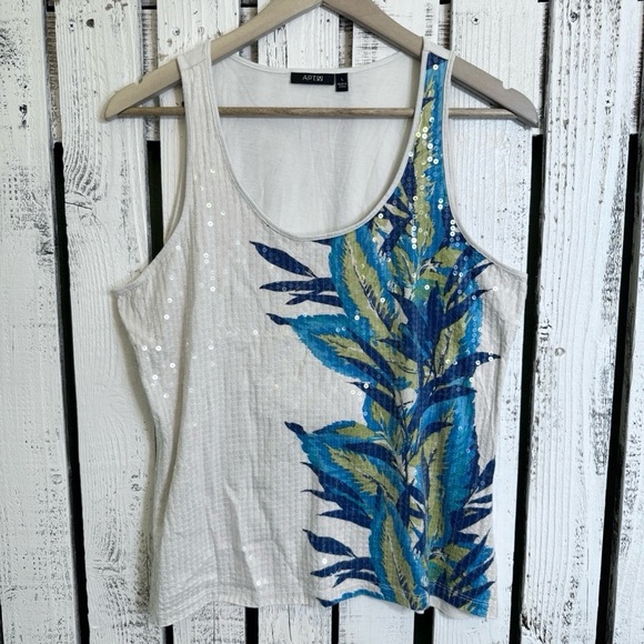 Apt. 9 Tops - Apt. 9 Sequin Tank Top Blouse Feather Print Women’s Size Large Cream Blue Green